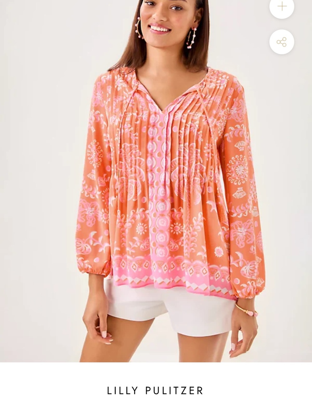 Lilly Pulitzer Marilina Coral and Pink Printed Pleated V-Neck Blouse